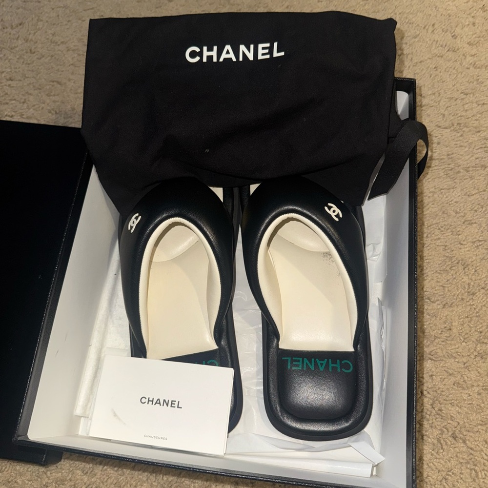 CHANEL Black and White Slide Sandals